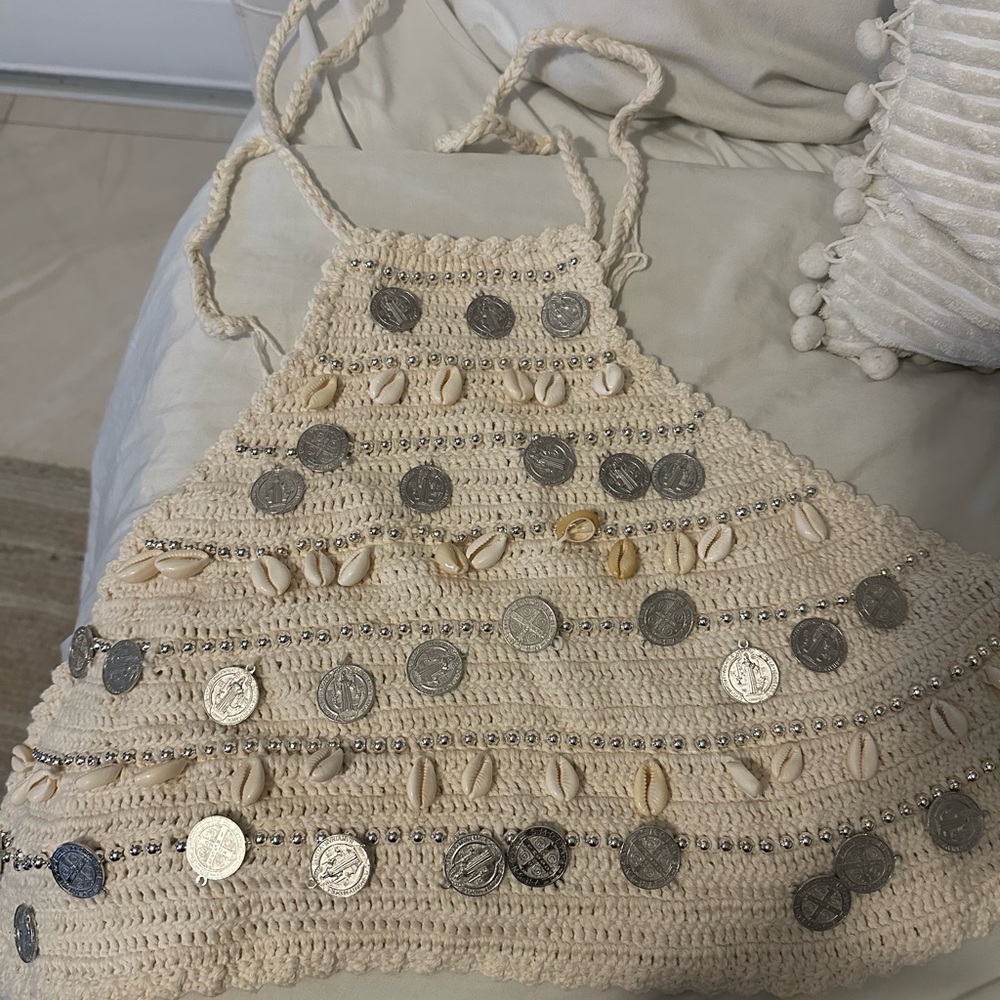 Beige Crochet Halter Top with Shell and Coin Accents Handmade